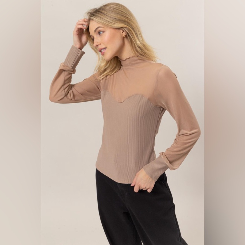 248B. Mock Neck Long Sleeve Mesh Contrast Top